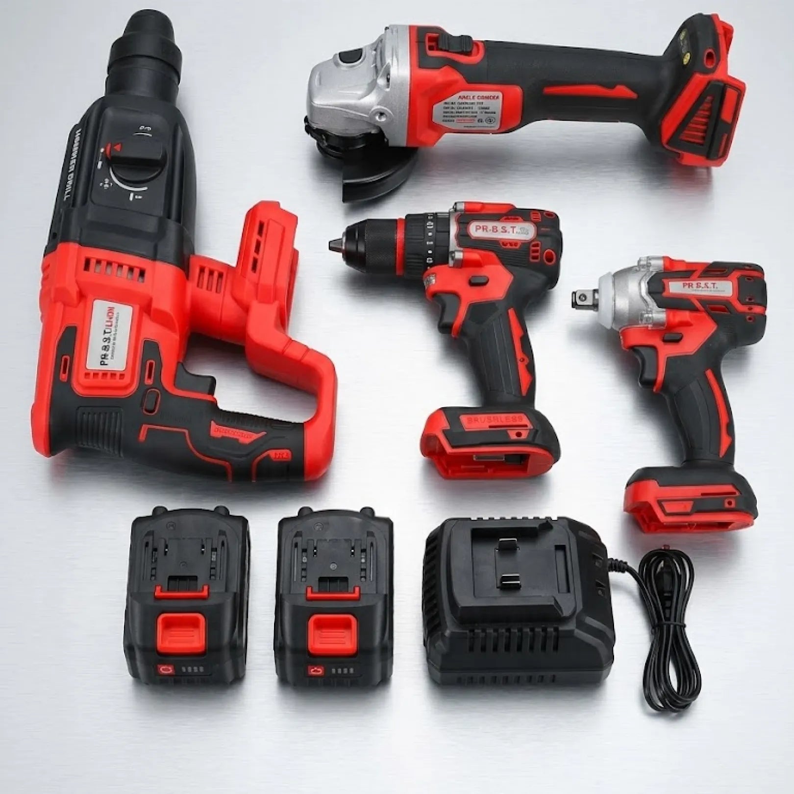 4 in 1 Cordless Combo Kit 21V with Impact Wrench, Screwdriver, Hammer Drill, Angle Grinder and Double Battery