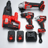 4 in 1 Cordless Combo Kit 21V with Impact Wrench, Screwdriver, Hammer Drill, Angle Grinder and Double Battery