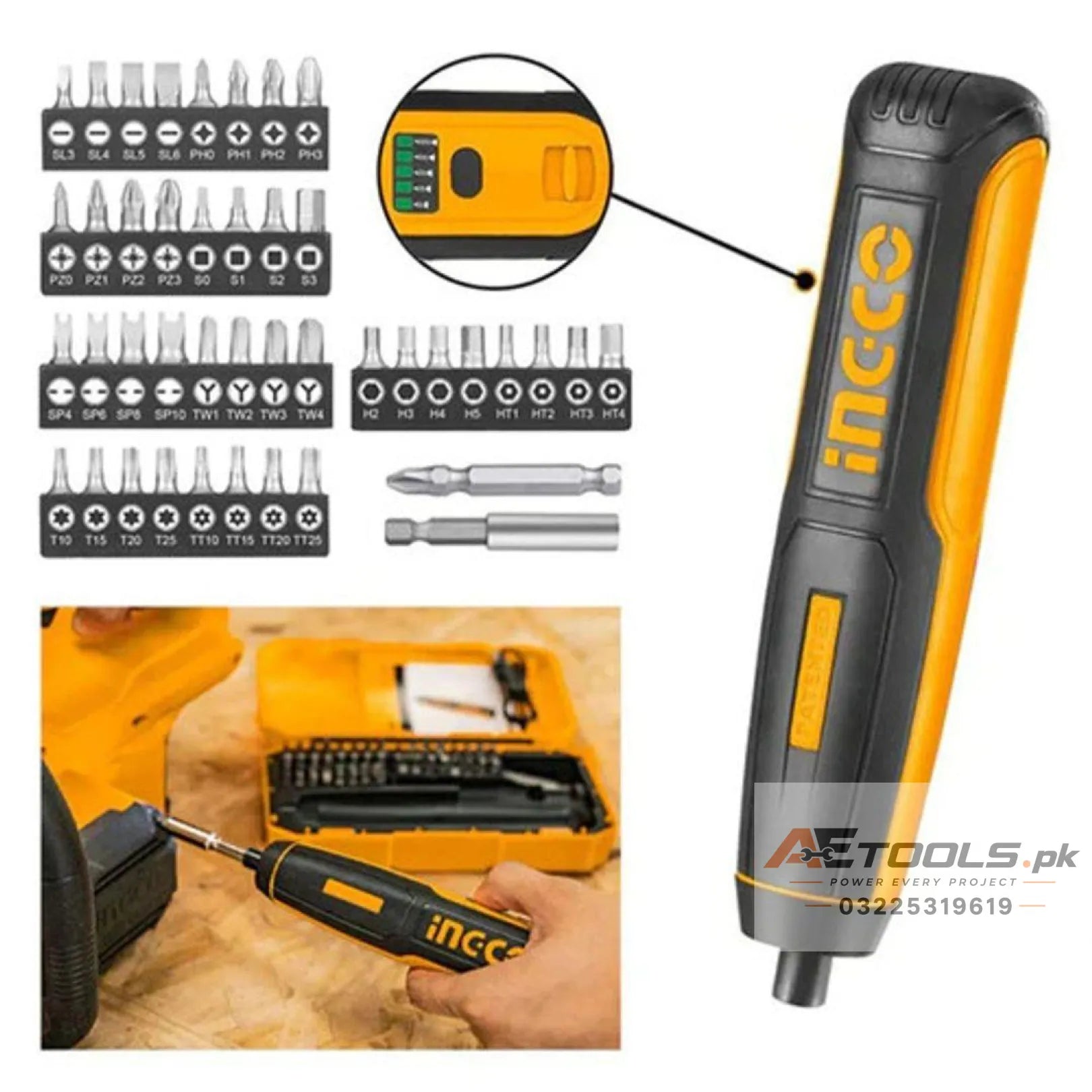 INGCO CSDLI0403 4V cordless screwdriver with 42 piece bit set and LED light - AE Tools