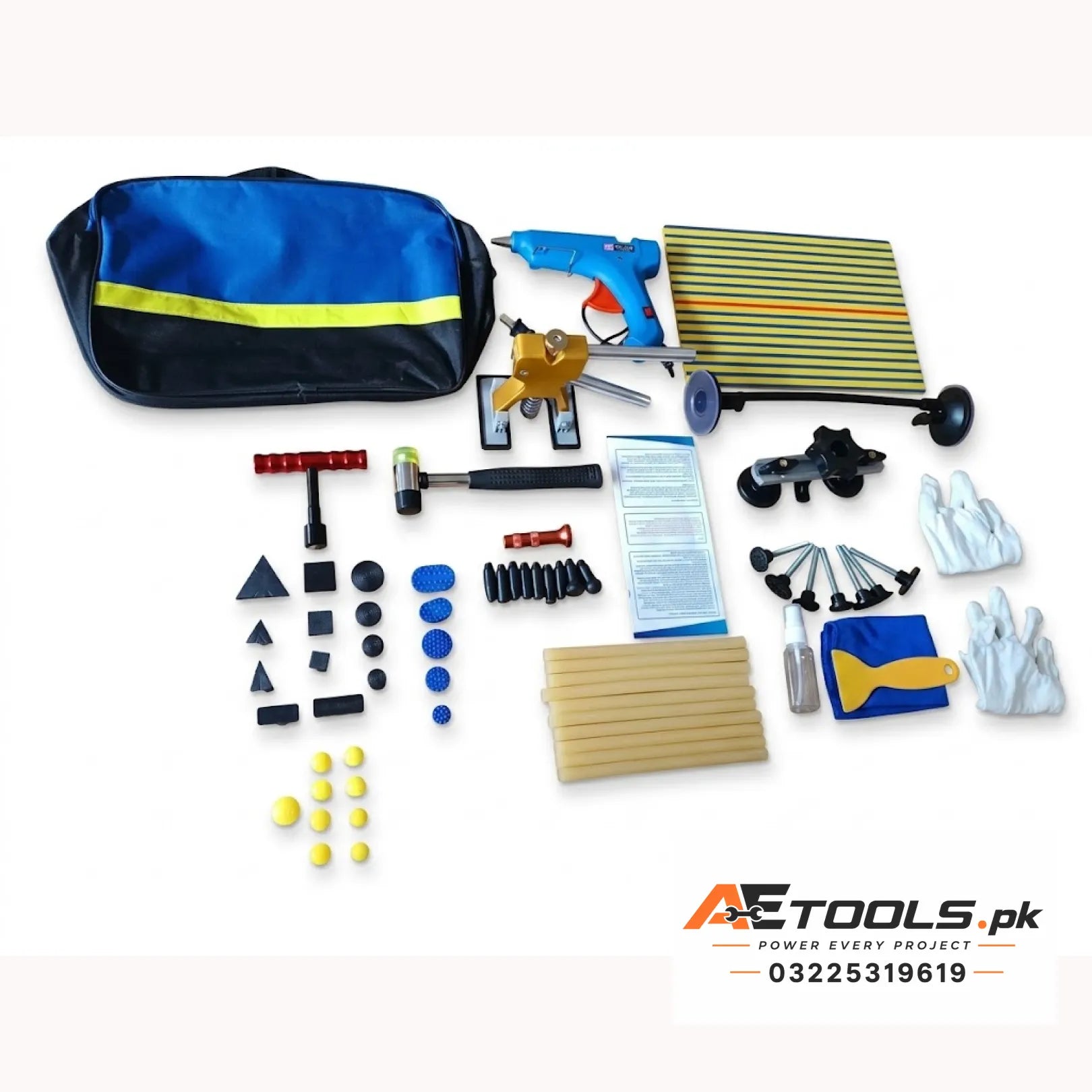 PDR paintless dent repair kit with glue gun, dent pullers, tabs and carrying bag - AE Tools