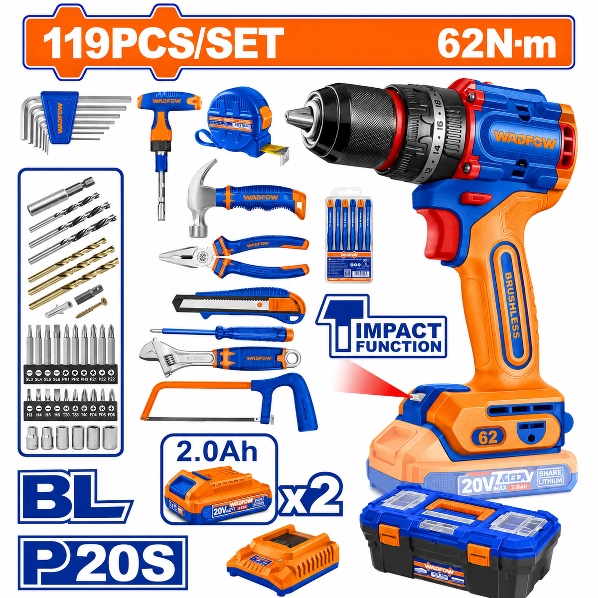 WADFOW 20V Cordless Brushless Impact Drill Set (119 Pcs Kit)