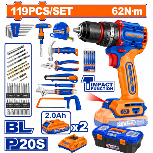 WADFOW 20V Cordless Brushless Impact Drill Set (119 Pcs Kit)