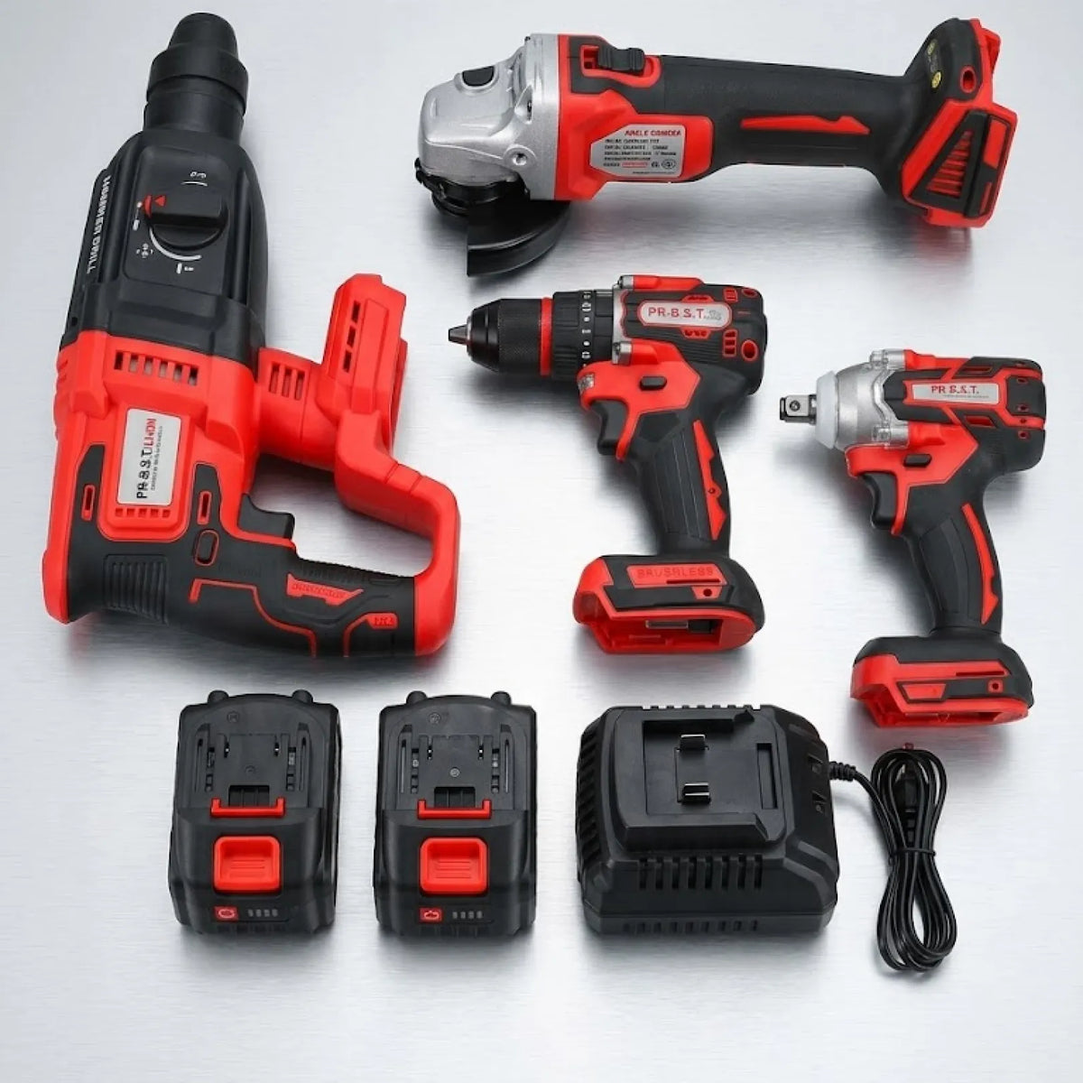 4 in 1 Cordless Combo Kit 21V with Impact Wrench, Screwdriver, Hammer Drill, Angle Grinder and Double Battery