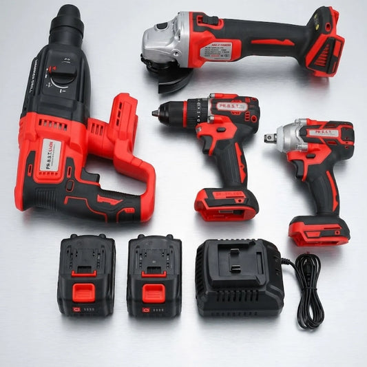 4 in 1 Cordless Combo Kit 21V with Impact Wrench, Screwdriver, Hammer Drill, Angle Grinder and Double Battery
