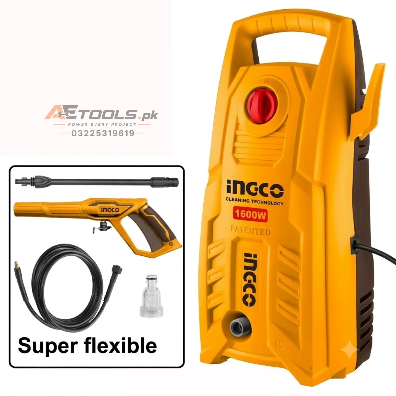 INGCO 1600W high pressure washer with 140 bar pressure and 5.5 L/min water flow