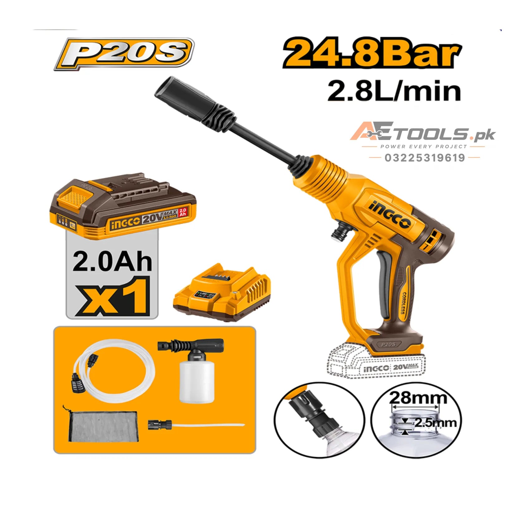 INGCO Cordless Pressure Washer CPWLI20362 20V with Battery, Charger and Accessories