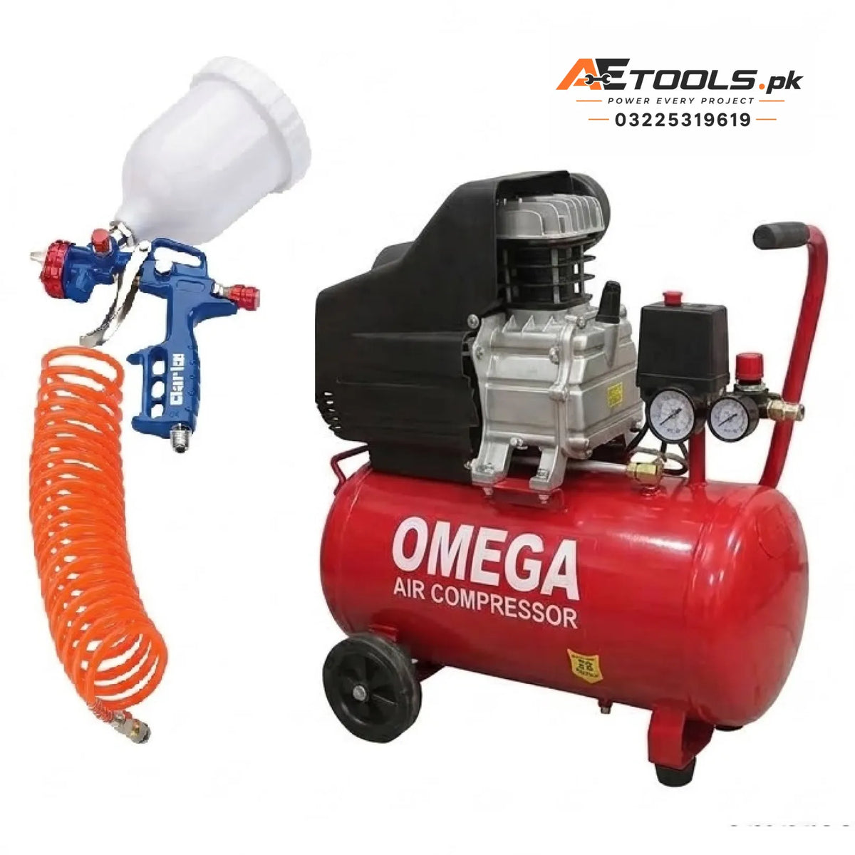 Omega 25 Liter 8 Bar Air Compressor with Paint Spray Gun and 9m Spiral Hose