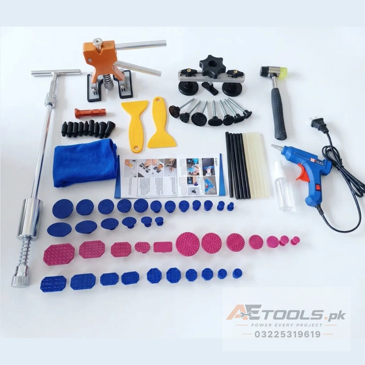 PDR paintless dent repair large kit with slide hammer, glue gun, dent pullers and tabs - AE Tools