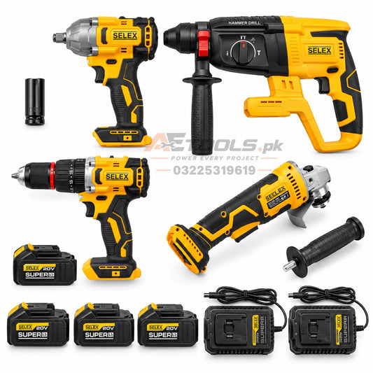 SELEX 4-in-1 Power Tool Combo Kit 20V with Impact Drill, Impact Wrench, Angle Grinder, Rotary Hammer and 4 Batteries