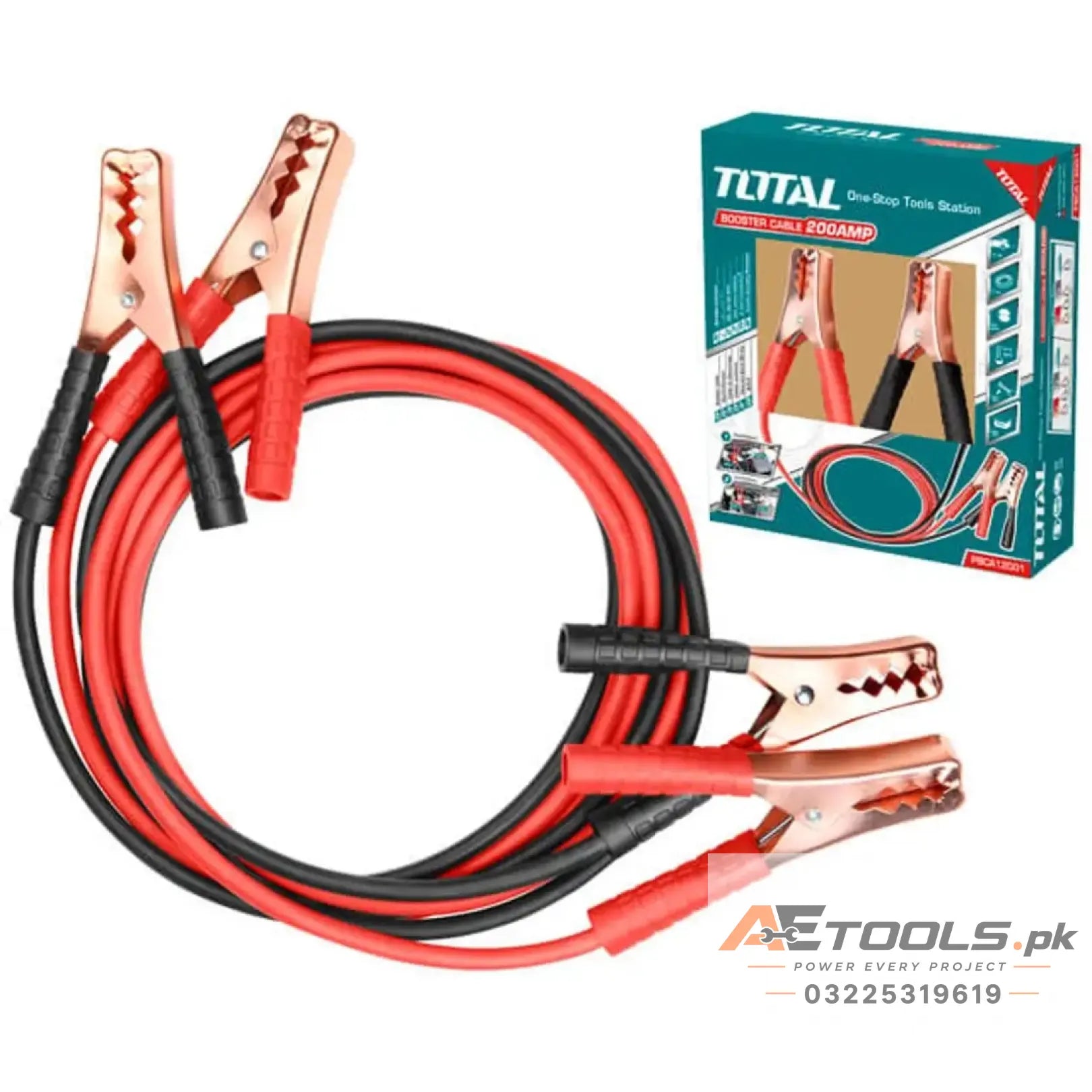 TOTAL 200AMP car battery booster jumper cable with copper clamps - AE Tools