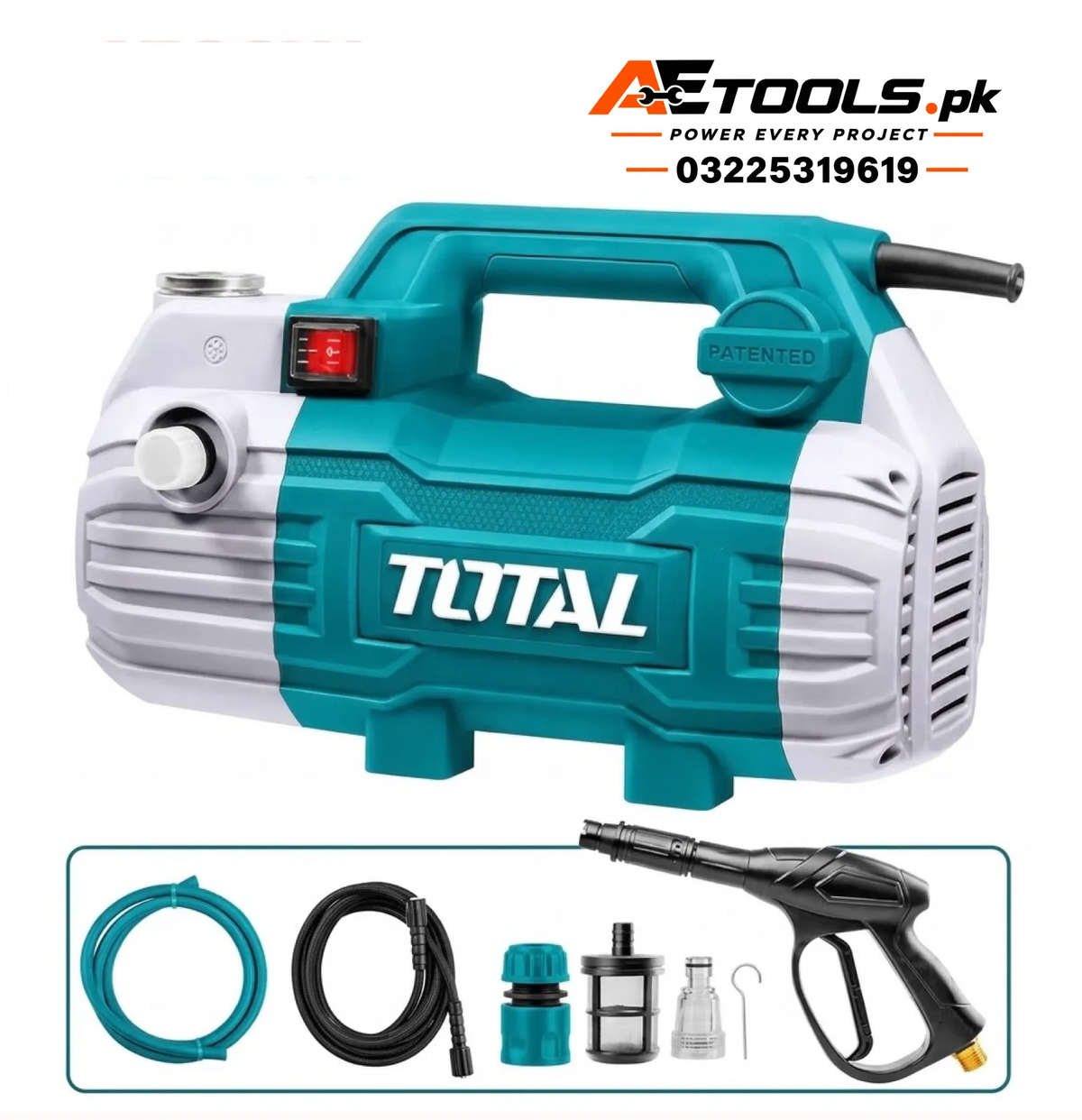 TOTAL TGT11236 High Pressure Washer 1500W 100 Bar Induction Motor with Spray Gun & 8m Hose