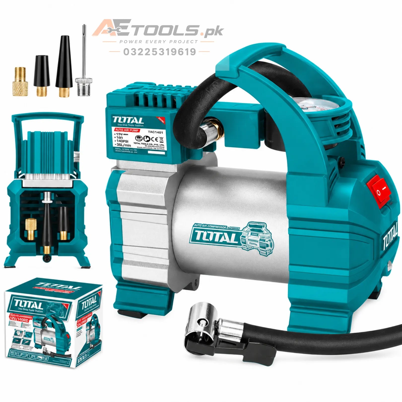 TOTAL 12V 140 PSI car air compressor tyre inflator with accessories